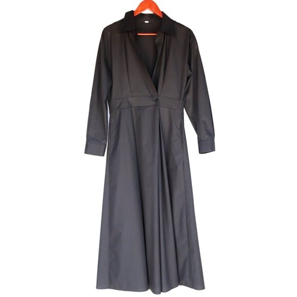 Bespoke Women's Medium Black Shirt Dress Pleated Cotton Pockets Tailored Midi - Picture 6 of 6